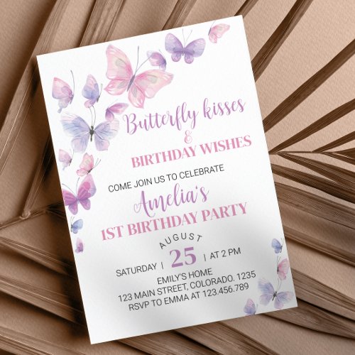 Pink Purple Butterfly First Birthday Invitation