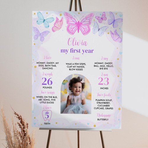 Pink Purple Butterfly First Birthday Milestone Pos Poster
