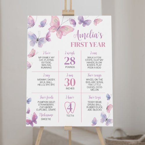 Pink Purple Butterfly First Birthday Milestone Poster