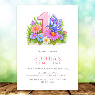 Pink Purple Butterfly Floral 1st Birthday Party Invitation
