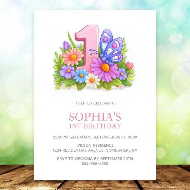 Pink Purple Butterfly Floral 1st Birthday Party Invitation (Creator Uploaded)