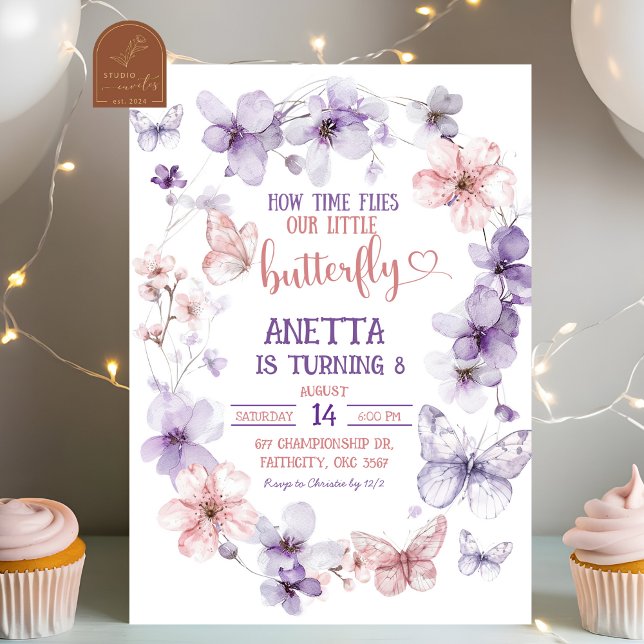 Pink Purple Butterfly Floral Birthday Party Invitation (Creator Uploaded)