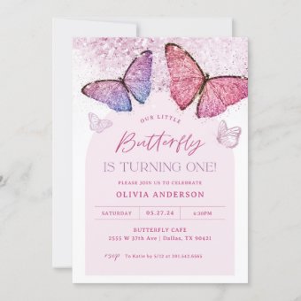 Pink Purple Butterfly Girl 1st Birthday Party Invitation | Zazzle