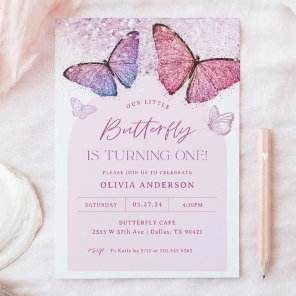 Pink Purple Butterfly Girl 1st Birthday Party Invitation
