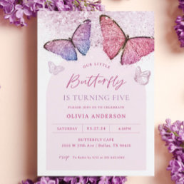Pink Purple Butterfly Girl 5th Birthday Party Invitation