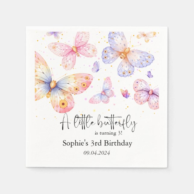 Pink Purple Butterfly Girl All Ages Birthday   Napkins (Front)