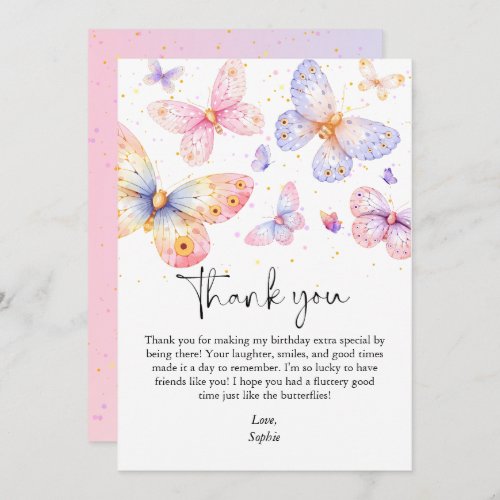 Pink Purple Butterfly Girl All Ages Birthday  Thank You Card