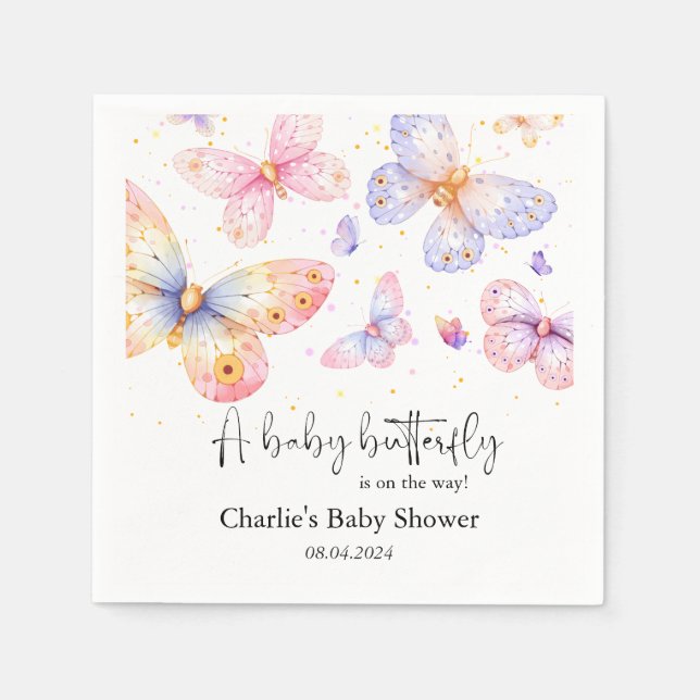Pink Purple Butterfly Girl Baby Shower  Napkins (Front)