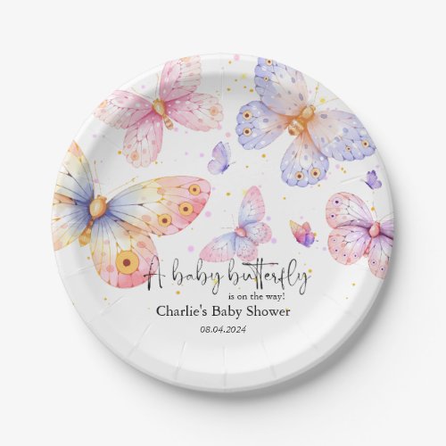 Pink Purple Butterfly Girl Baby Shower  Paper Plates