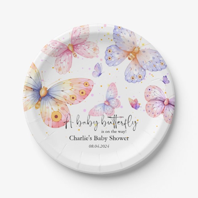 Pink Purple Butterfly Girl Baby Shower  Paper Plates (Front)