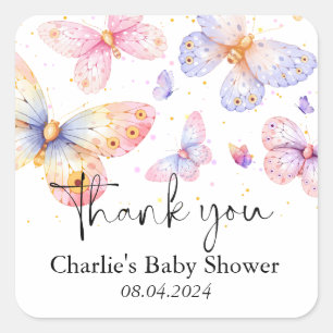 Pink Purple Butterfly Girl Baby Shower  Square Sticker
