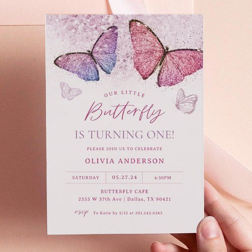 Pink Purple Butterfly Girl First Birthday Party Invitation