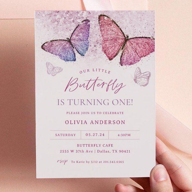 Pink Purple Butterfly Girl First Birthday Party Invitation (Creator Uploaded)
