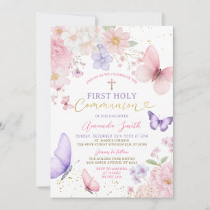 Pink Purple Butterfly Girl First Holy Communion Invitation