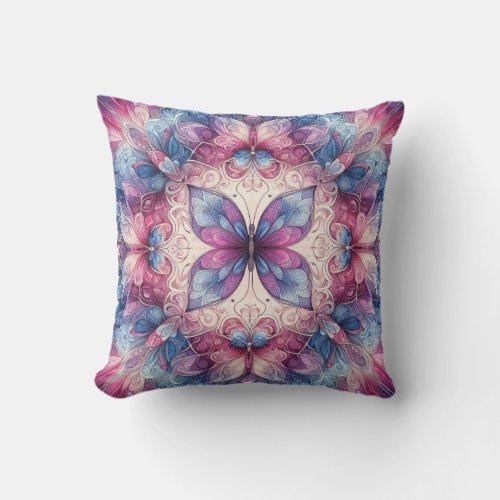 Pink  Purple Butterfly Kaleidoscope Abstract Throw Pillow