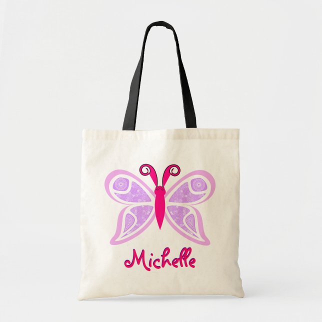 Pink Purple Butterfly Name Tote Bag (Front)