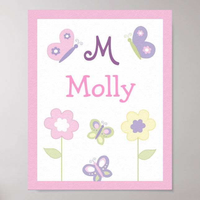 Pink Purple Butterfly Nursery Wall Art Name Print (Front)