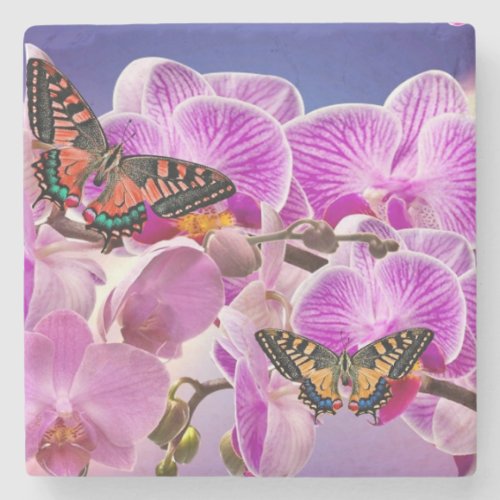 Pink purple butterfly orchid flower watercolor stone coaster