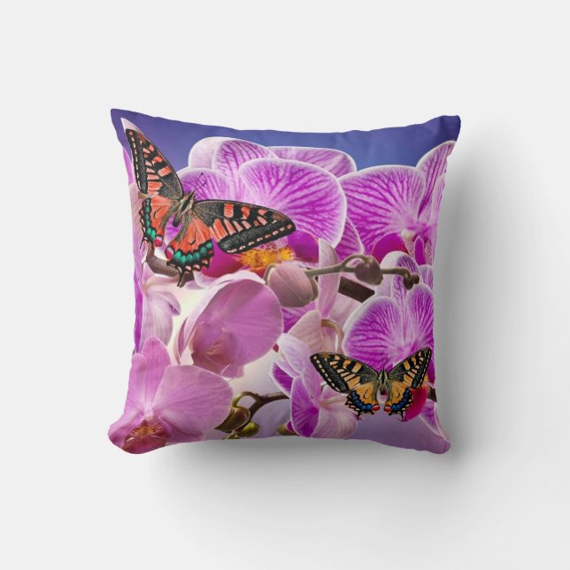 Pink purple butterfly orchid flower watercolor throw pillow (Front)