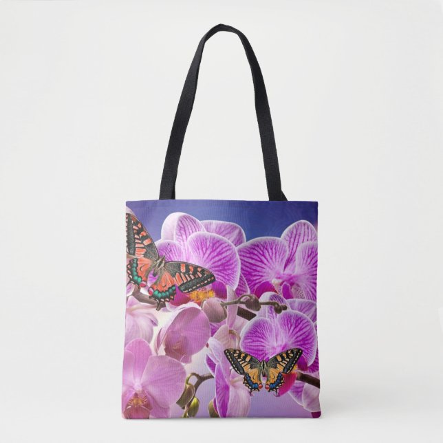 Pink purple butterfly orchid flower watercolor tote bag (Front)
