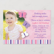 Pink & Purple Butterfly Photo Birthday Invitation