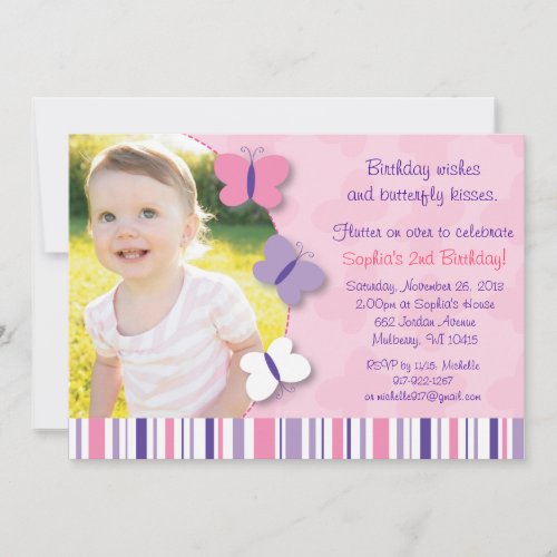 Pink &amp; Purple Butterfly Photo Birthday Invitation