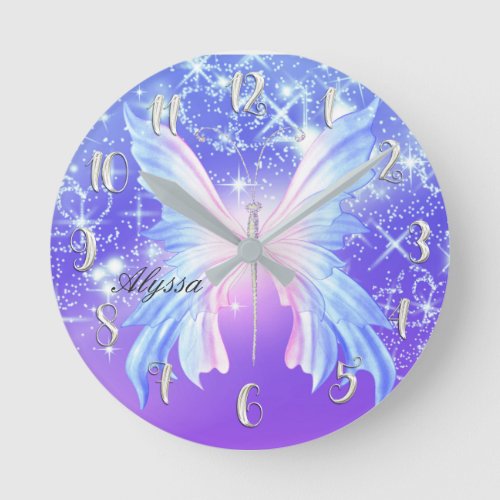 Pink Purple Butterfly Sparkle Girly Personalized Round Clock