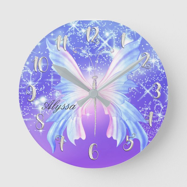 Pink Purple Butterfly Sparkle Girly Personalized Round Clock (Front)