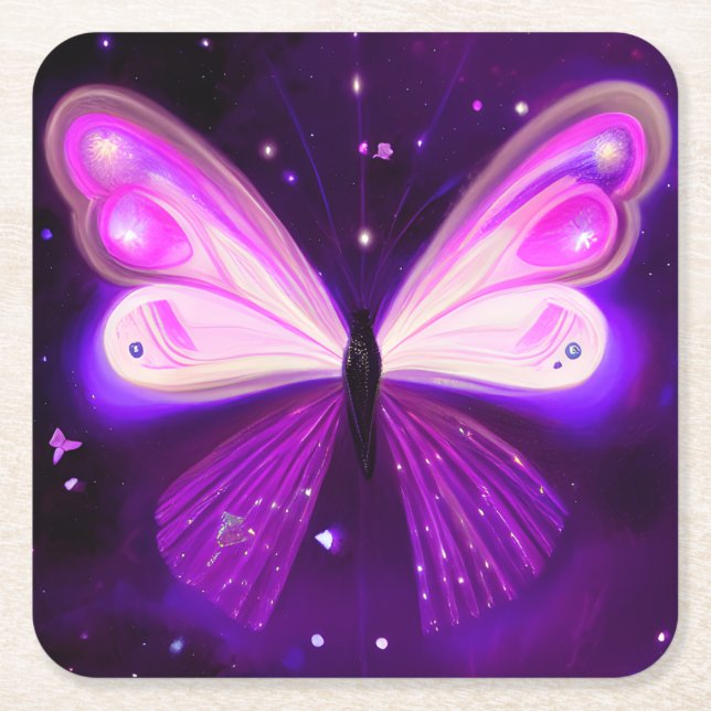 Pink & Purple Butterfly Square Paper Coaster (Front)