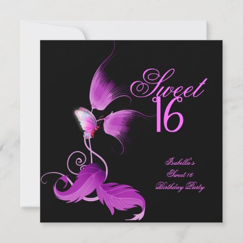 Pink Purple Butterfly Sweet 16 Sixteen Party Personalized Announcement