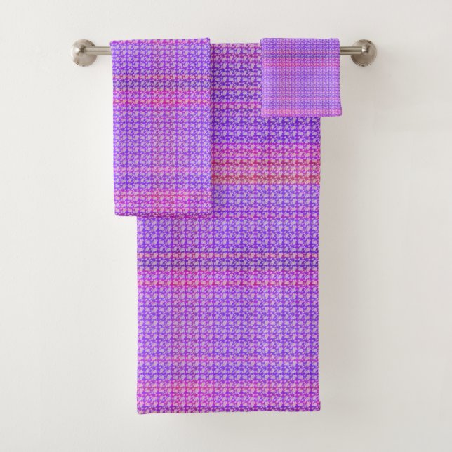 Pink Purple Cacti Flower Plaid, Bath Towel Set (Insitu)