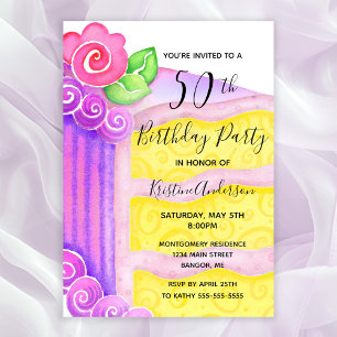 Pink Purple Cake Floral 50th Birthday Party Invitation
