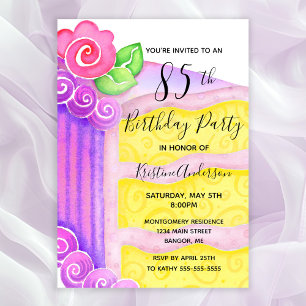 Pink Purple Cake Floral 85th Birthday Party Invitation