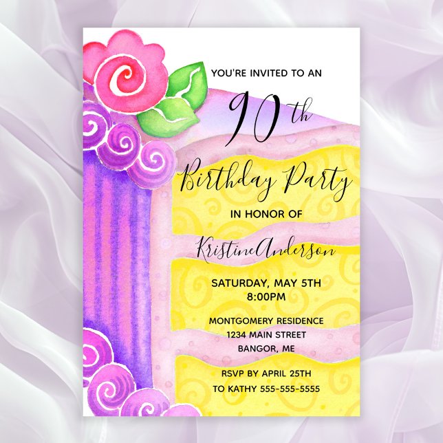 Pink Purple Cake Floral 90th Birthday Party  Invitation (90th Birthday Party Invitation with a piece of cake decorated with pink roses and frosting)