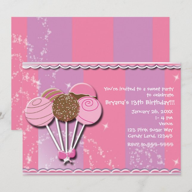 Pink & Purple Cake Pops Birthday Party Invitations (Front/Back)