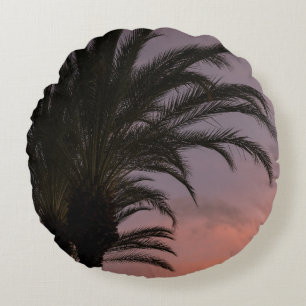 Pink Purple Caribbean Sunset Palm Tree 1 Round Pillow