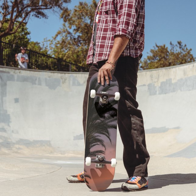 Pink Purple Caribbean Sunset Palm Tree 1 Skateboard (Outdoor 2)