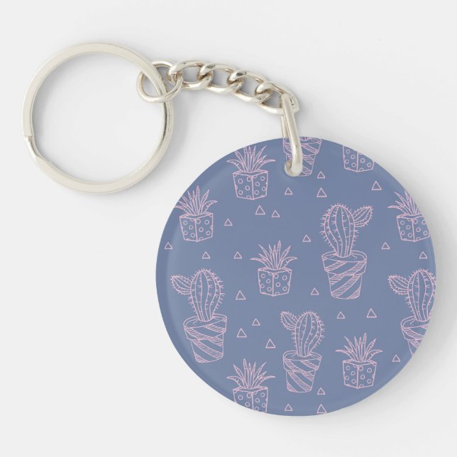 Pink & Purple Cartoon Cactus Pattern Keychain (Front)