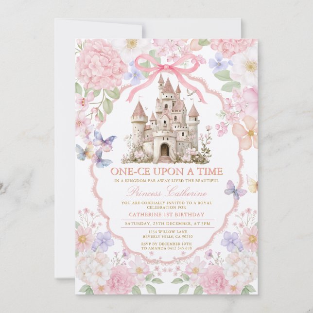 Pink Purple castle Butterflies Royal 1st Birthday  Invitation (Front)
