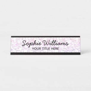 Pink Purple Cats Pattern Script Black Fonts White Desk Name Plate