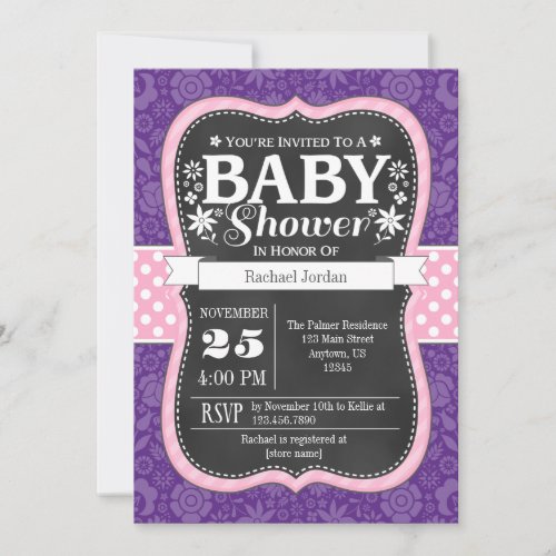 Pink Purple Chalkboard Floral Baby Shower Invite