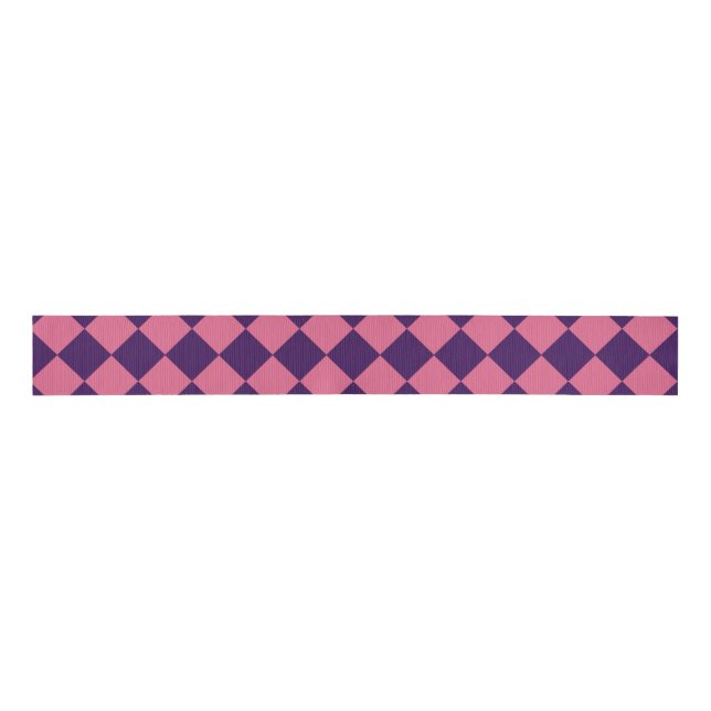 Pink Purple Checker Diamond Pattern Grosgrain Ribbon (Front)