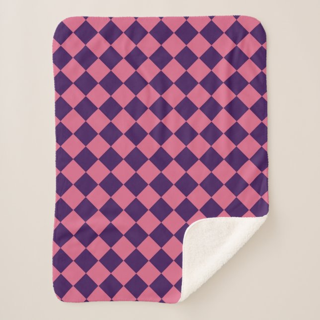Pink Purple Checker Diamond Pattern Sherpa Blanket (Front)