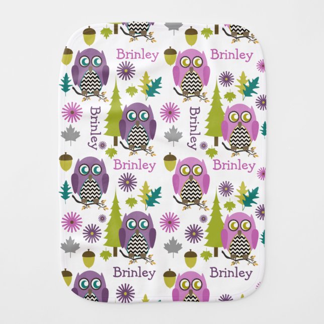 Pink + Purple Chevron Owls Personalized Burp Cloth (Front)