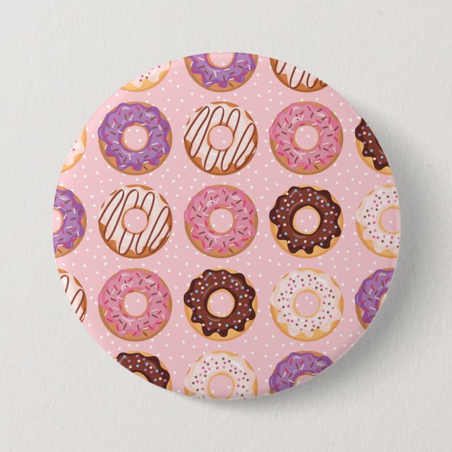 Pink, Purple, Chocolate Iced Donuts Bakery Treat Button (Front)