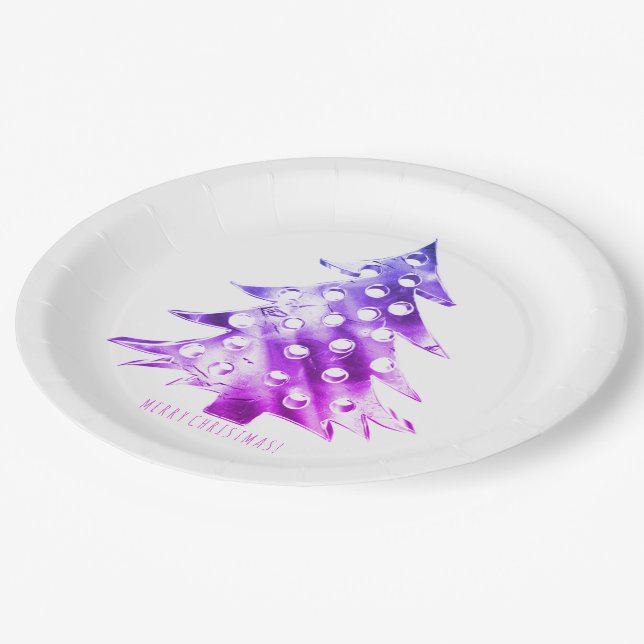 Pink Purple Christmas Tree Elegant Modern Paper Plates (Angled)