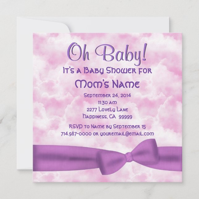 Pink Purple Clouds Bow and Leopar Baby Girl Shower Invitation (Front)
