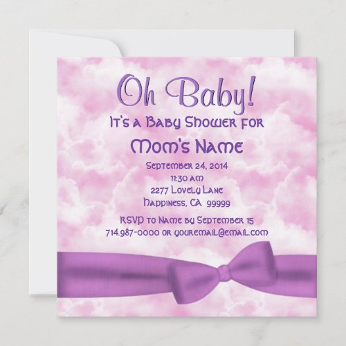 Pink Purple Clouds Bow and Leopar Baby Girl Shower Invitation