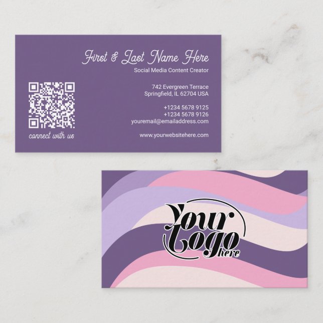 Pink Purple Colorful Waves Stripes QR Code Business Card (Front/Back)