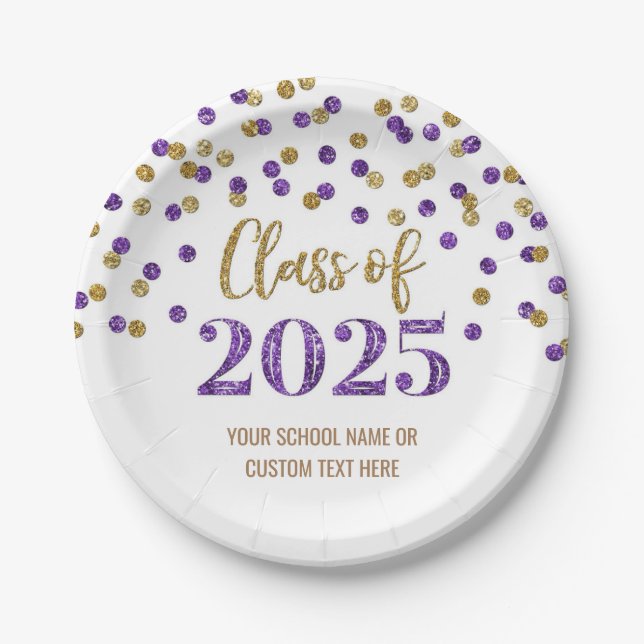 Pink Purple Confetti Graduation 2025 Paper Plates (Front)